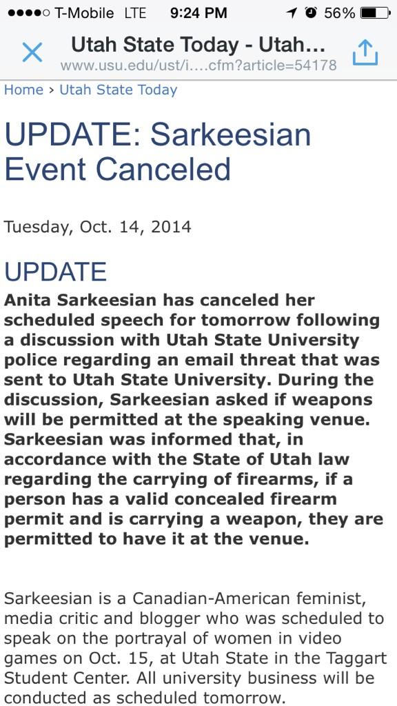 RT @mccanner: Utah told Sarkeesian that even after…