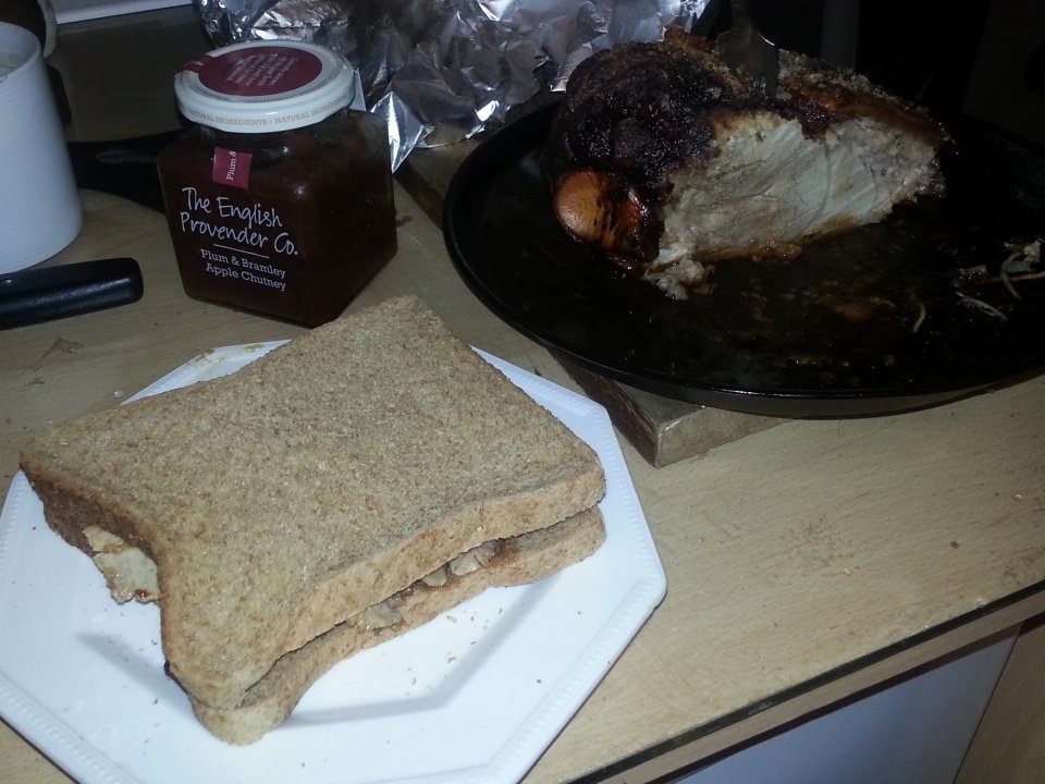 Hot roast pork sandwich with plum & apple chut…